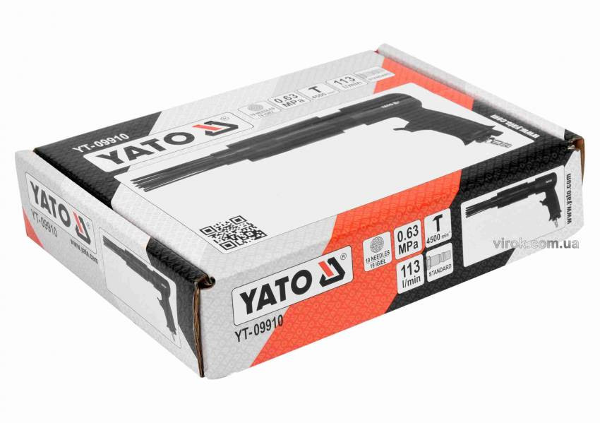 Пневматический молоток с игловым долотом YATO : спож. воздух-113 л/мин, давление-6.3 Bar, 19 игл-YT-09910