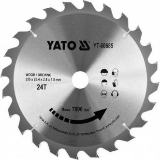 Диск пильный победитовый по дереву YATO: 235x25.4x2.8x1.8 мм, 24 зубца, RPM до 7000 1/мин-[articul]