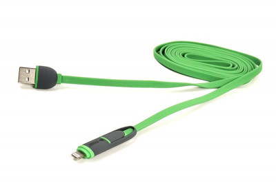 Кабель PowerPlant Quick Charge 2A 2-в-1 flat USB 2.0 AM – Lightning/Micro 2м green-[articul]